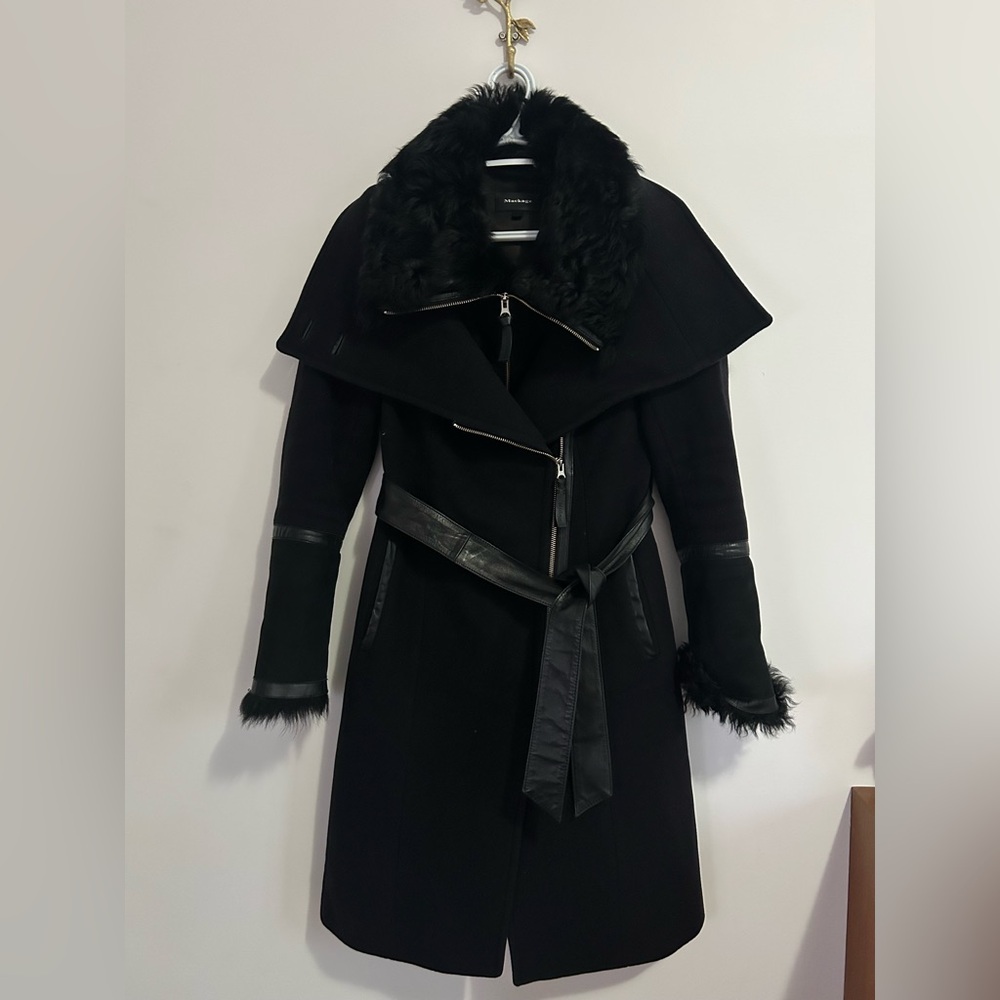 Mackage Black Trench Coat with Fur Trim